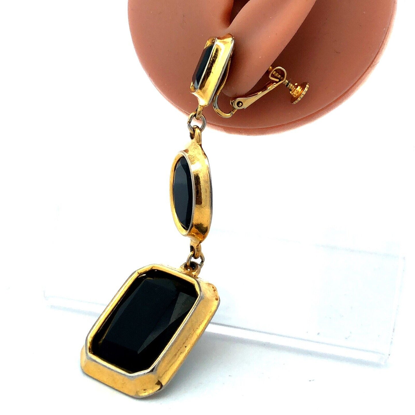Vintage Runway Gold Tone Black Faceted Glass Statement Dangle Clip Earrings