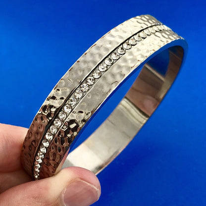 Designer Silver Tone Cubic Zirconia CZ Hammered Statement Bangle Bracelet