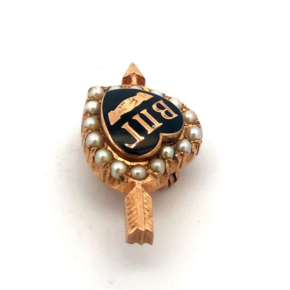 14k Yellow Gold Black Enamel Shell Pearl Beta Pi Gamma Arrow Heart Greek Pin