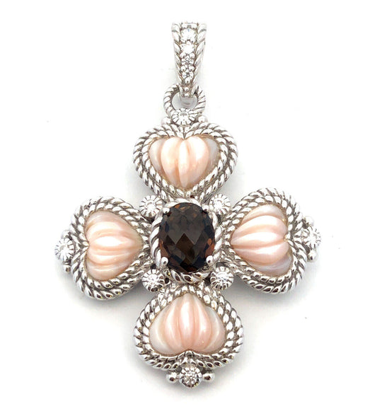 Judith Ripka 925 Sterling Silver CZ Smokey Quartz  Mother of Pearl Cross Pendant