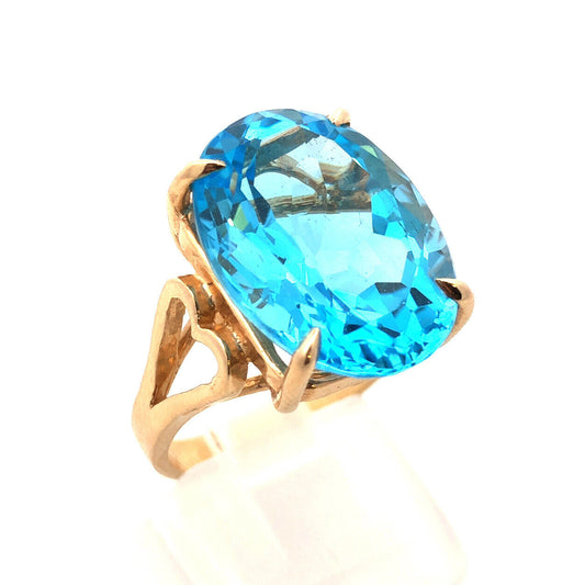 Designer 14K Yellow Gold Oval London Blue Topaz Statement Cocktail Ring