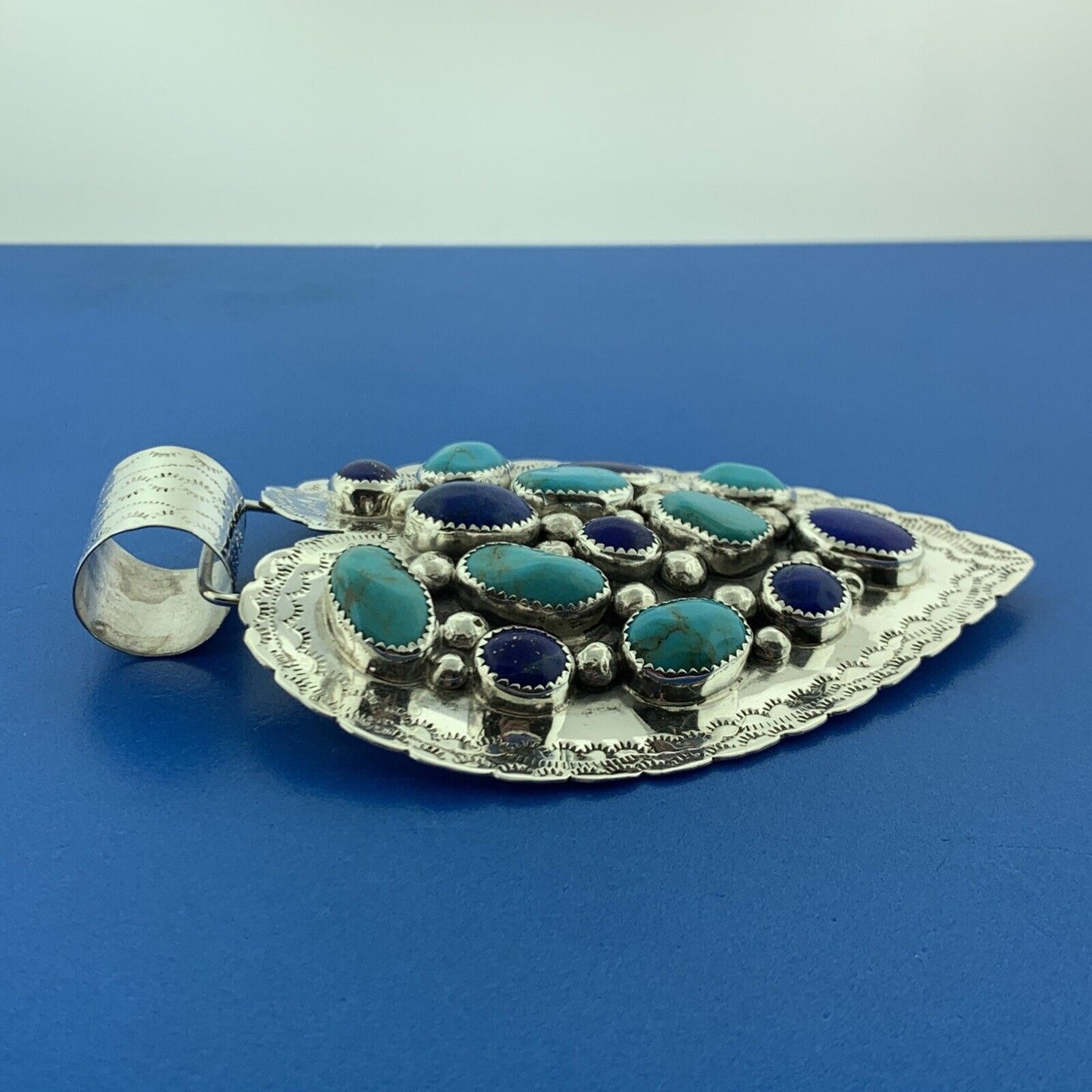 Navajo ES Elaine Sam Sterling Silver 925 Lapis Lazuli Turquoise Pendant