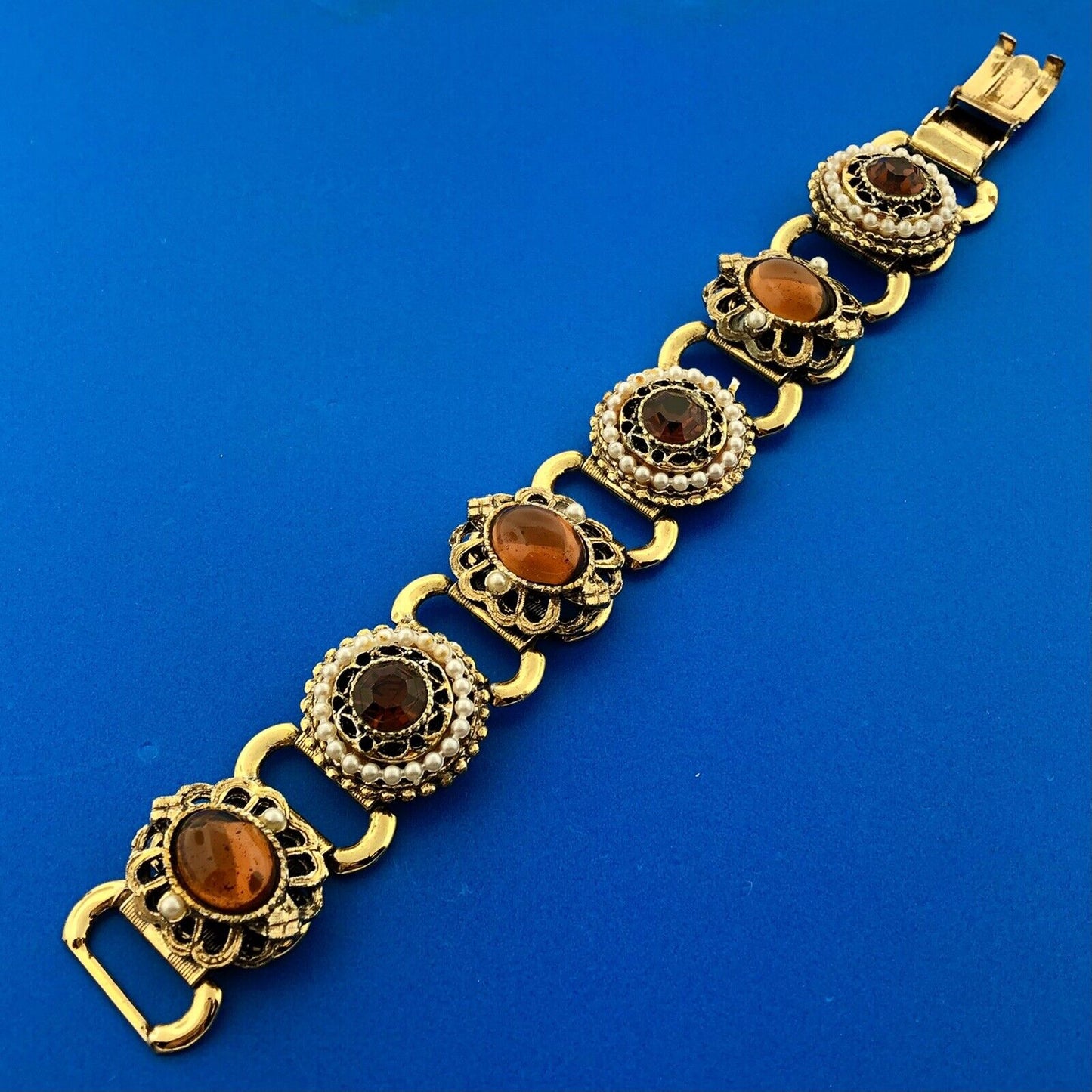 Vintage Gold Tone Seed Pearl Amber Glass Black Enamel Statement Panel Bracelet