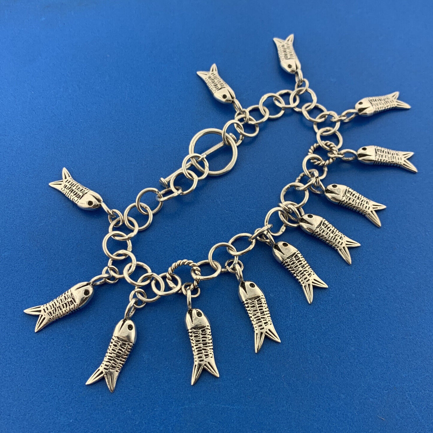 Estate 925 Sterling Silver Twelve Fish Religious Icon Statement Toggle Bracelet