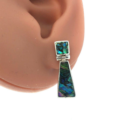 Vintage 925 Sterling Silver Abalone Modernist Rectangle Drop Stud Earrings