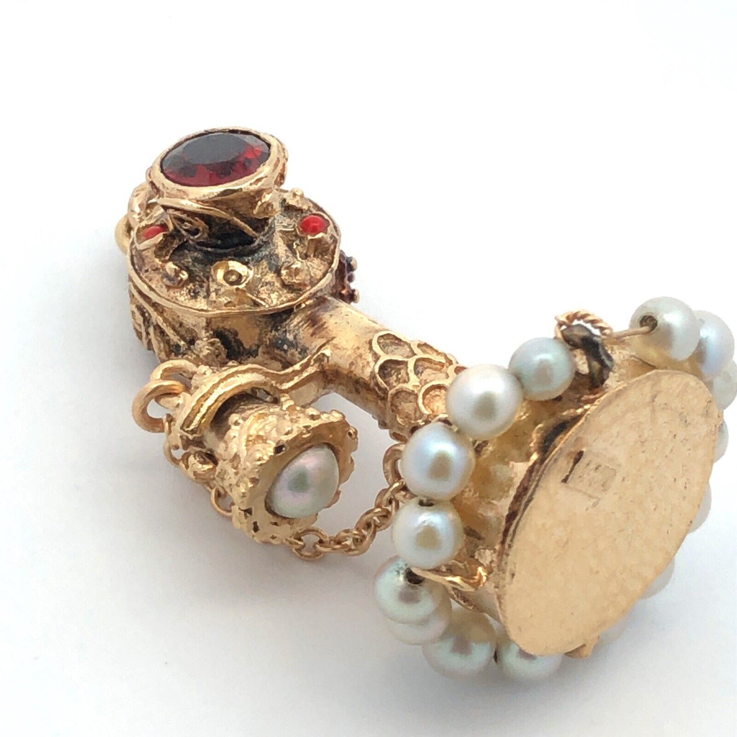 Art Nouveau 14K Yellow Gold Garnet Pearl Turquoise Coral Telephone Pendant