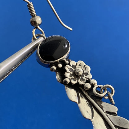 Vintage Native American 925 Sterling Silver Black Onyx Dangle Feather Earrings