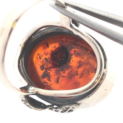 925 Sterling Silver Vintage Oval Cabochon Amber Leaves Nature Statement Ring