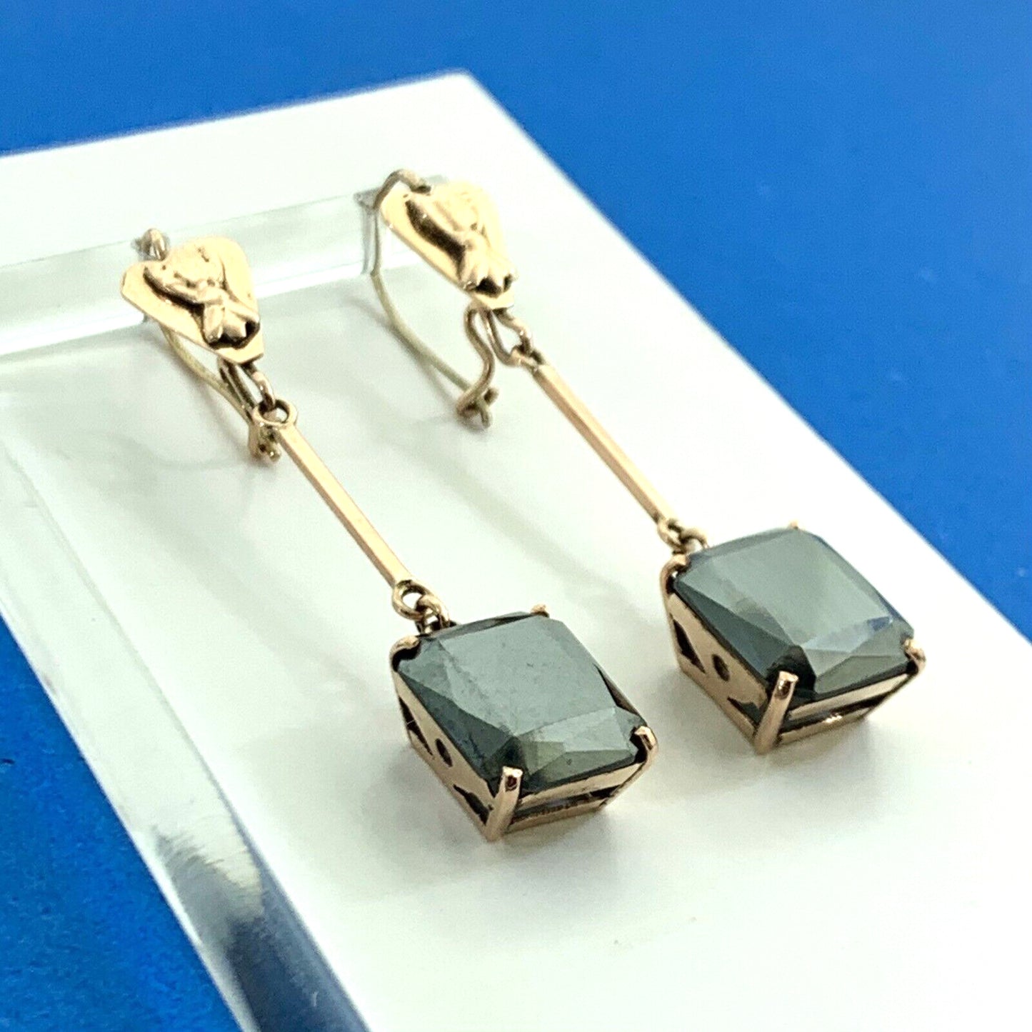 Art Deco 10K Rose Gold Emerald Cut Hematite Statement Dangle Drop Earrings