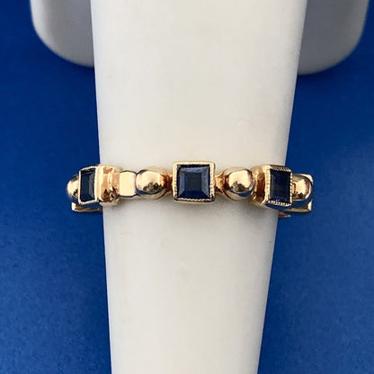 Vintage 18k Yellow Gold 750 Square Cut Blue Sapphire Band Ring Size 6