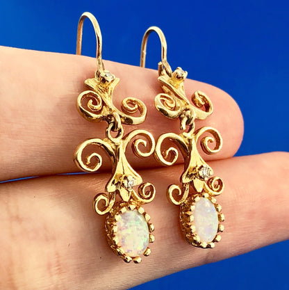 Art Deco Art Nouveau 14K Yellow Gold Opal Diamond Scroll Drop Dangle Earrings