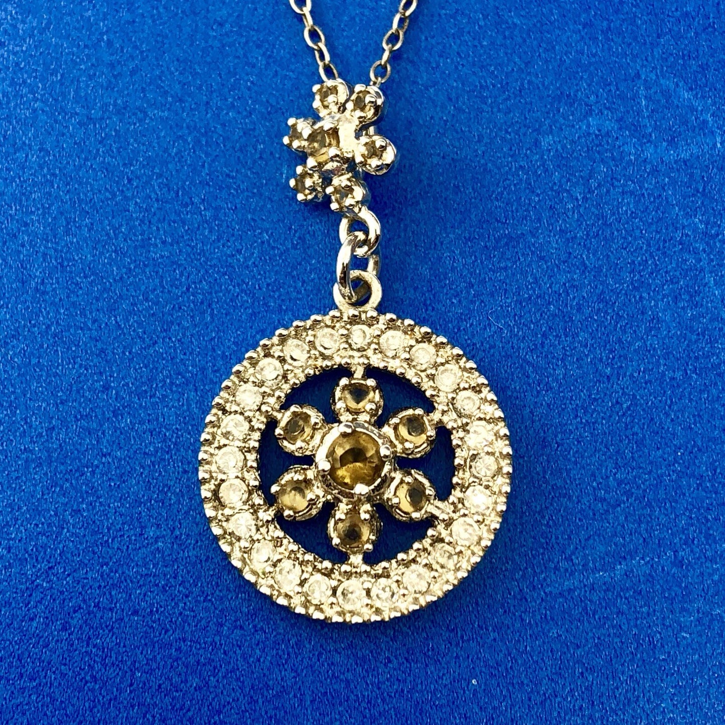 Designer 925 Sterling Silver Topaz Diamond Floral Double Drop Pendant Necklace