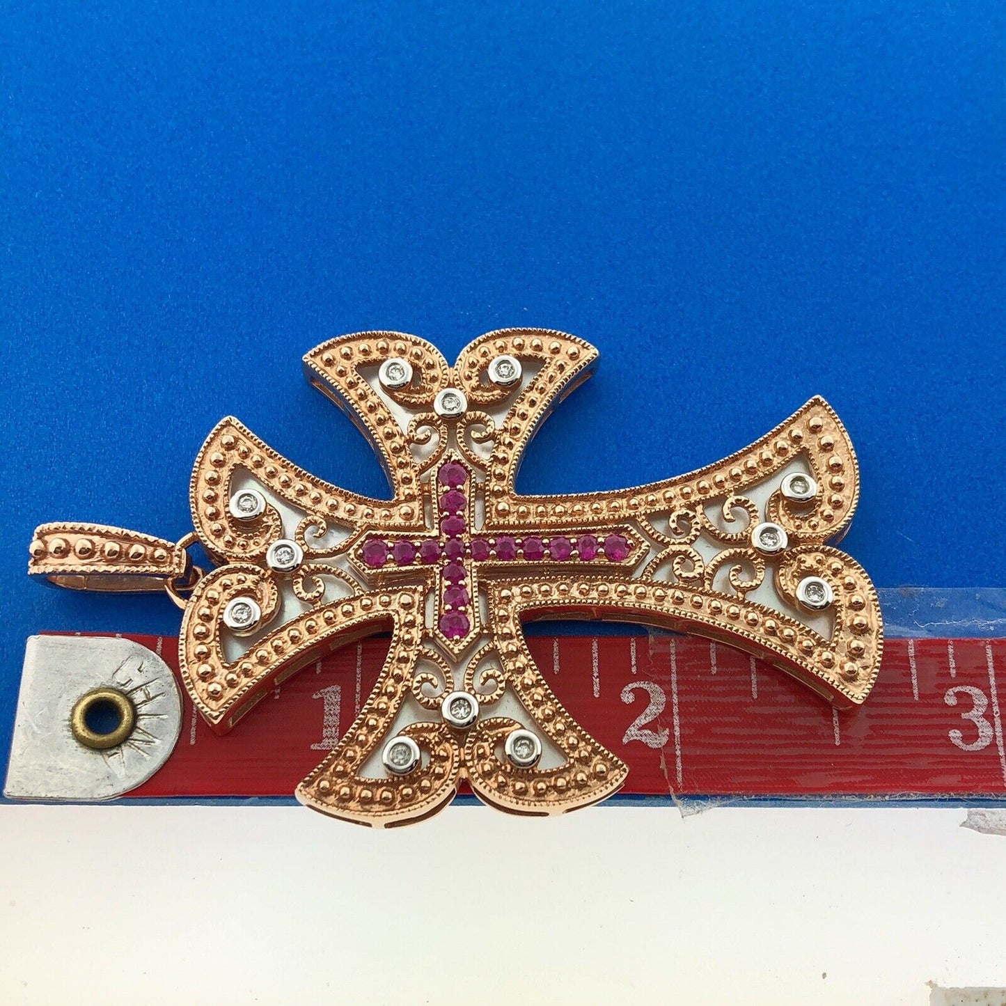 14k Yellow Gold Diamond Ruby Mother of Pearl Reversible Cross Enhancer Pendant