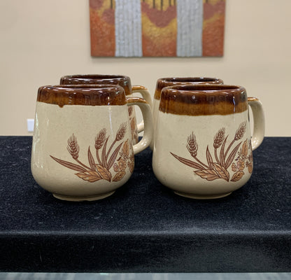 Mid Century Brown Drip Glaze Ceramic Pottery Floral Handled Set Of 4 Coffee Mugs