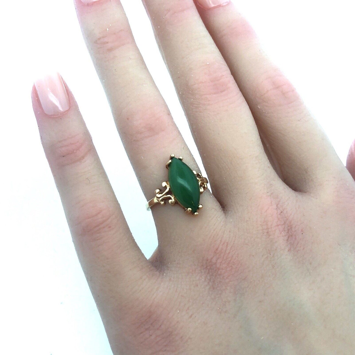 Retro Designer 14K Yellow Gold Solitaire Marquise Jade Jadeite Cabochon Ring