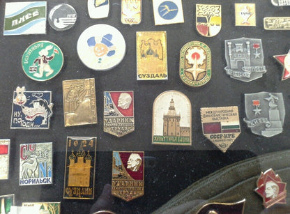 VINTAGE SOVIET UNION USSR RUSSIAN PIN COLLECTION WITH RUSSIAN MILITARY CAP