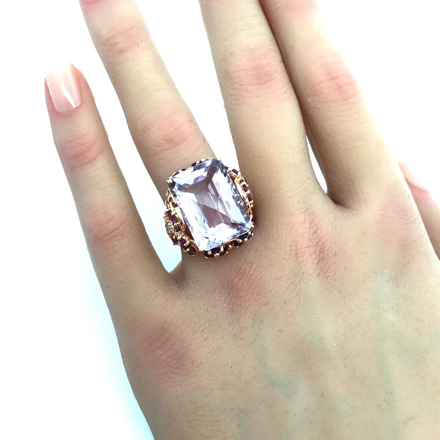 Designer 14K Yellow Gold Amethyst Pink Tourmaline Diamond Statement Floral Ring