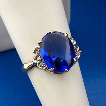Retro 14K Yellow Gold Oval Blue Spinel Diamond Accented Statement Cocktail Ring