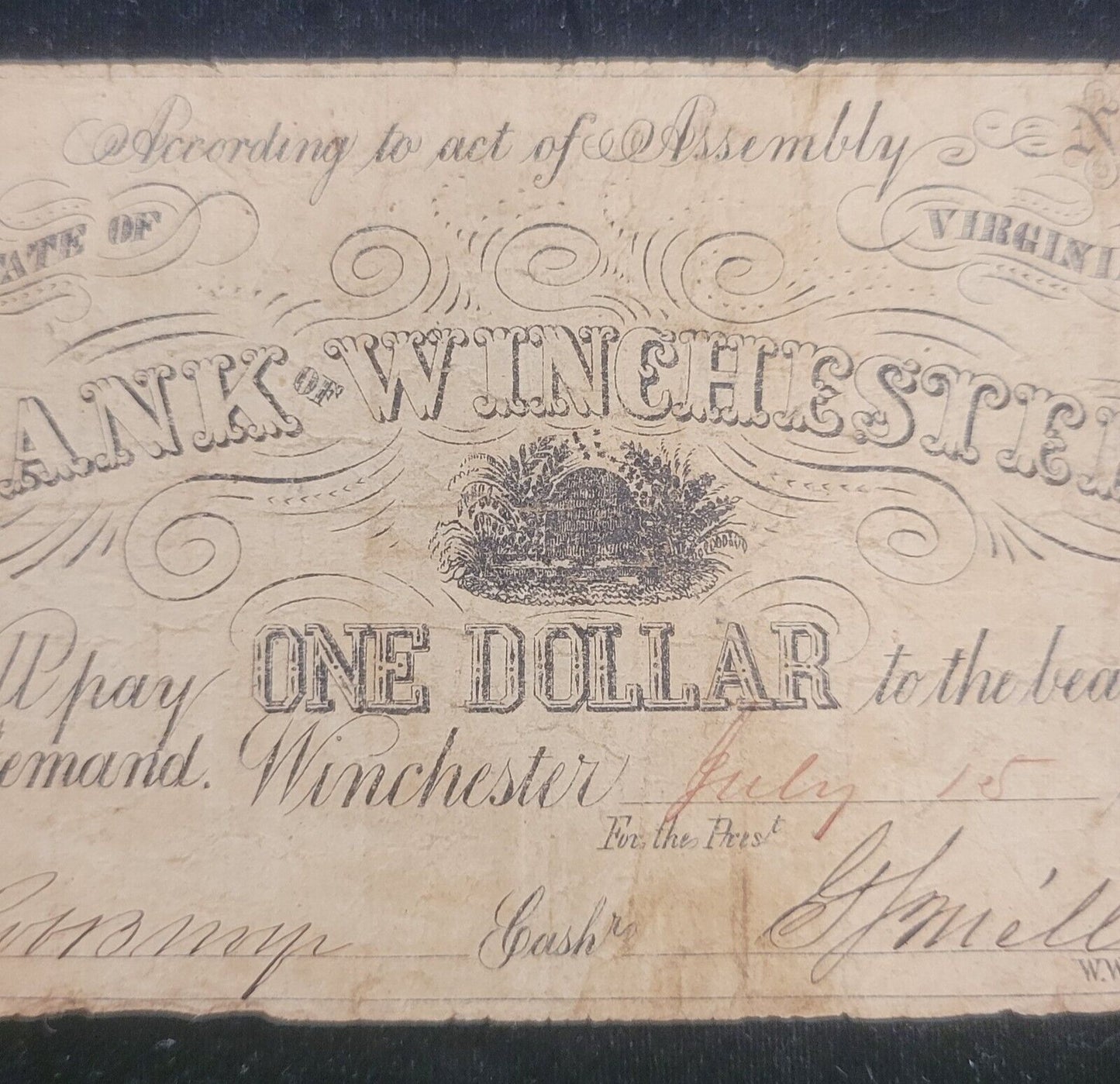 1861 $1 Bank of Winchester, Virginia Rare Obsolete Currency Paper Bank Note