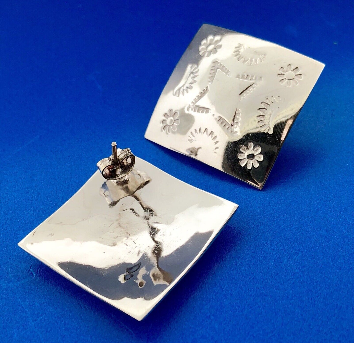 Taxco 925 Sterling Silver Urban Cowboy Square Stamped Statement Stud Earrings