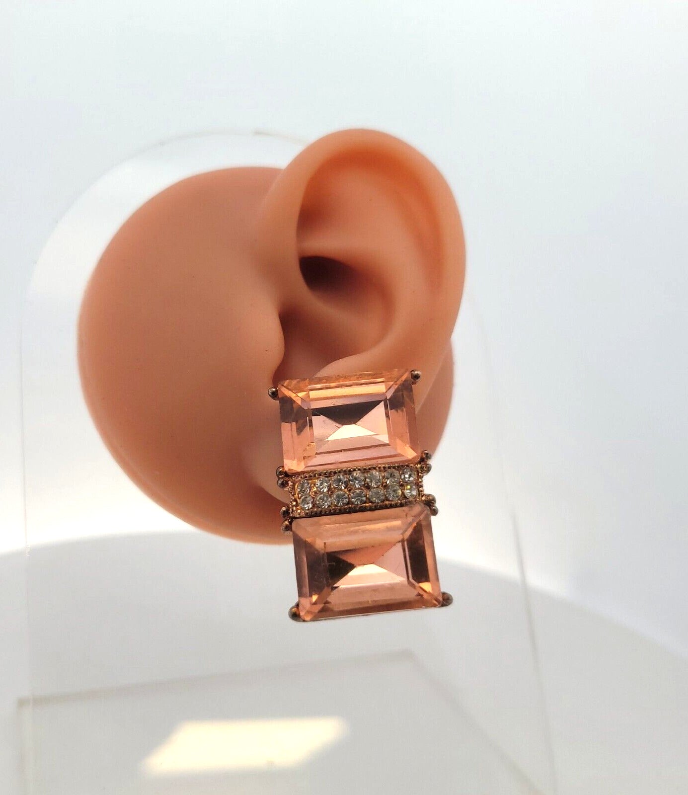 Vintage Copper Bronze Tone Pink & White Rhinestone Statement Clip On Earrings