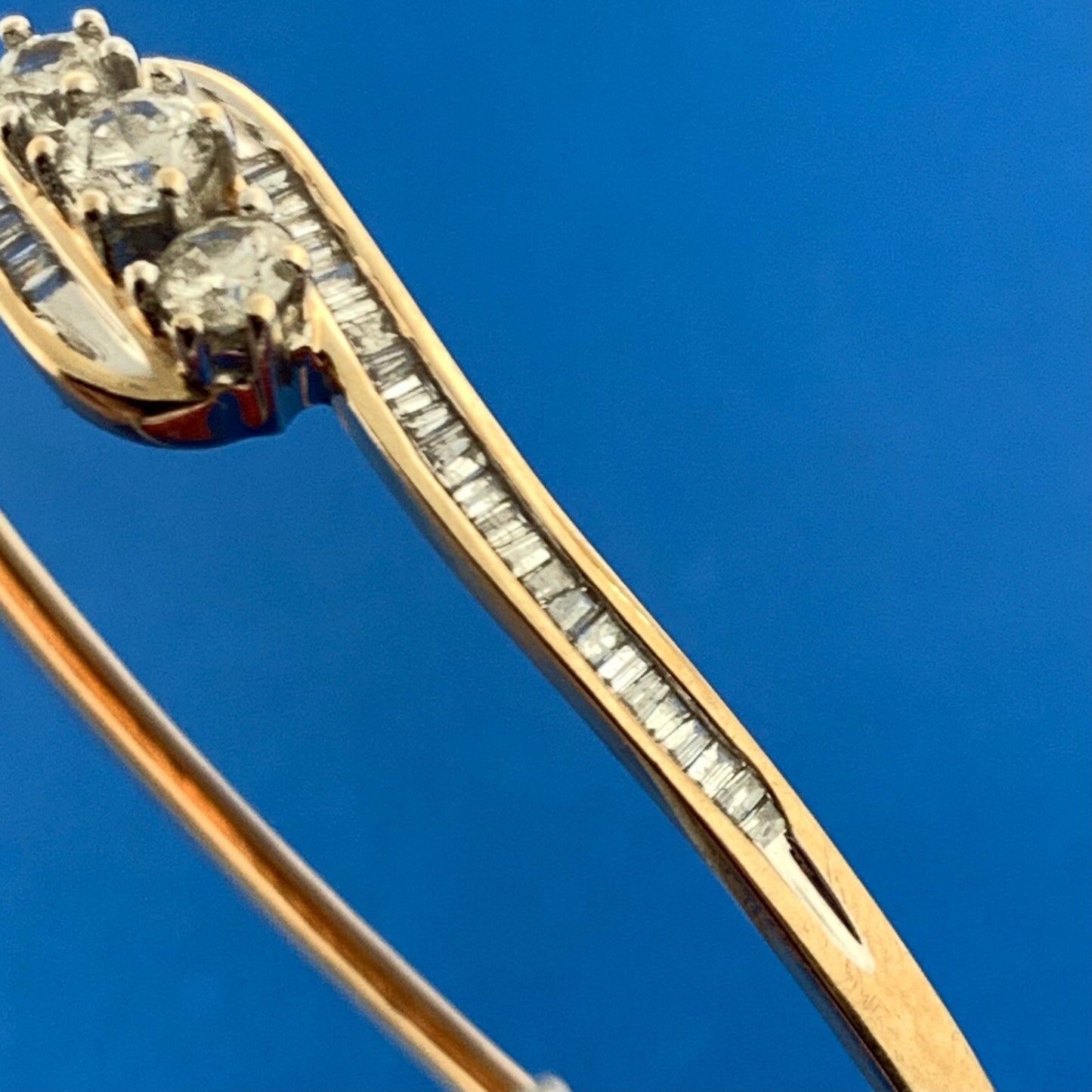 Designer 14K Yellow Gold Diamond Trio Baguette Accented Hinged Cuff Bracelet