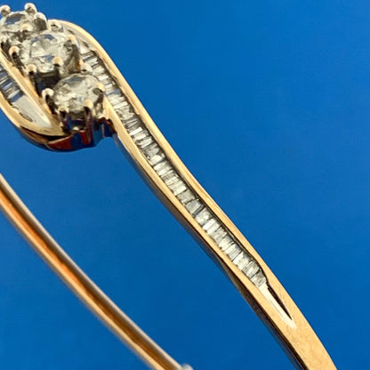 Designer 14K Yellow Gold Diamond Trio Baguette Accented Hinged Cuff Bracelet