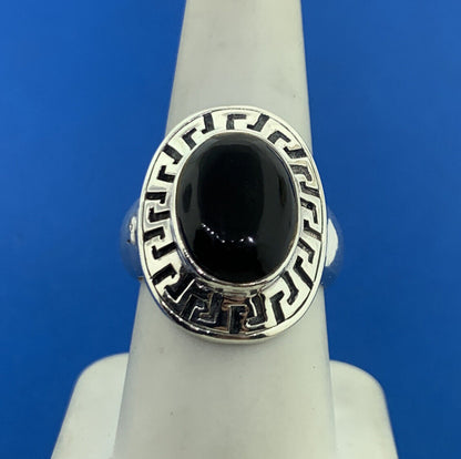 Designer 925 Sterling Silver Oval Black Onyx Cabochon Greek Etched Halo Ring