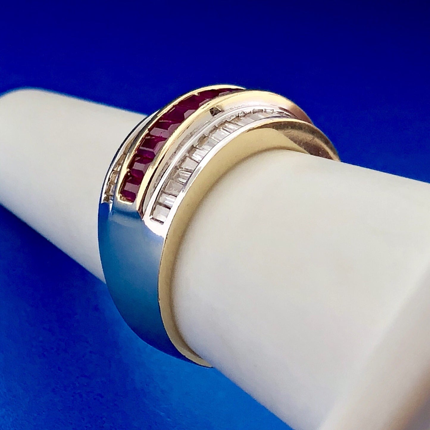 Vintage SRT 14K Yellow White Gold Diamond Ruby Channel Set Tapered Band Ring