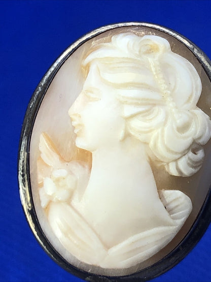 Victorian 800 Fine Silver Carved Woman Cameo Oval Pin Brooch Pendant
