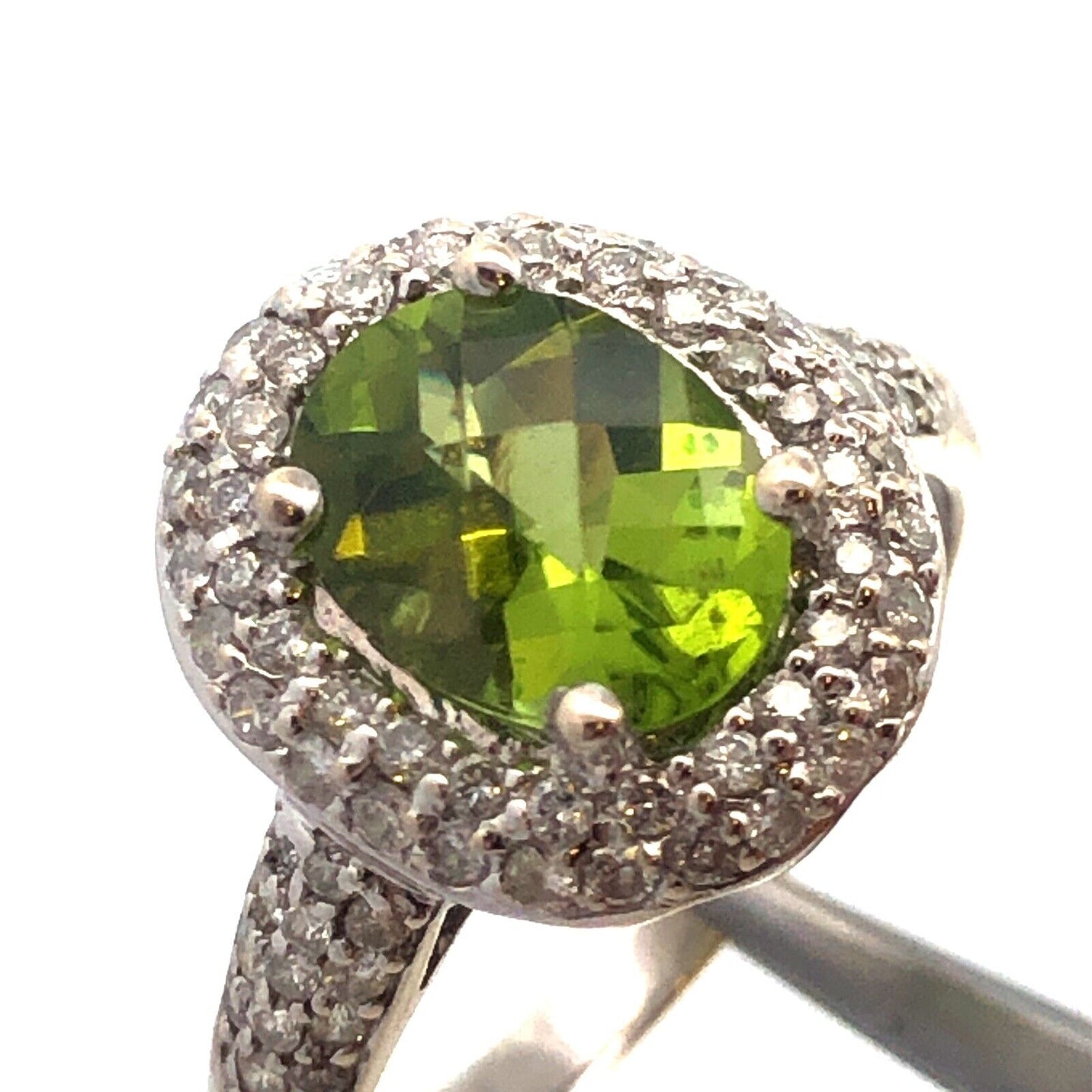 Designer EMA 14K White Gold Oval Cushion Cut Peridot Diamond Halo Cocktail Ring
