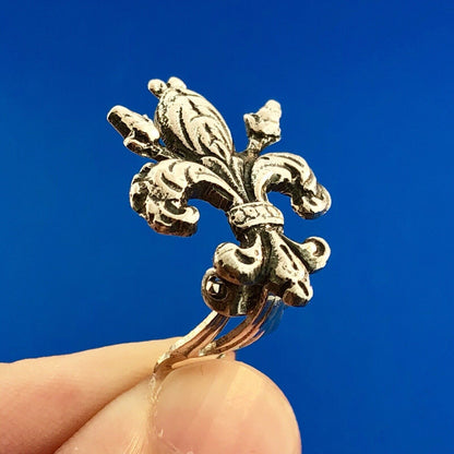 Antique 800 Fine Silver Detailed Artisan Fleur De Lis Clip On Stud Earrings