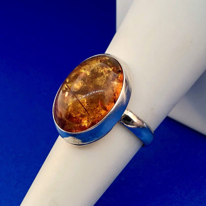 Designer Hallmarked 925 Sterling Silver Baltic Amber Oval Cabochon Fashion Ring