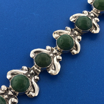 Estate 925 Sterling Silver Green Onyx Cabochon Floral Scroll Panel Link Bracelet