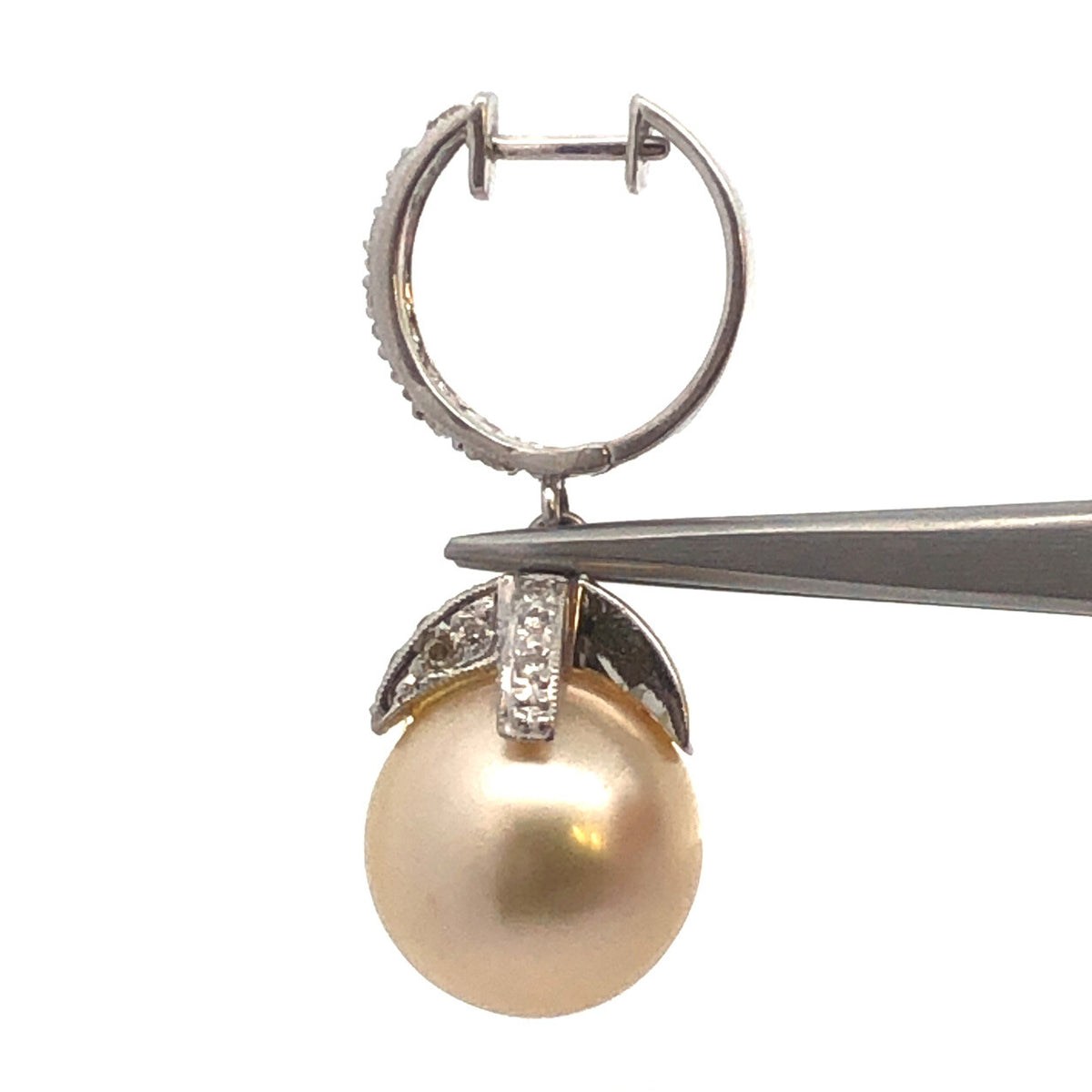 Vintage 18K White Gold Pearl Diamond Accent Dangle Drop Statement Hoop Earrings