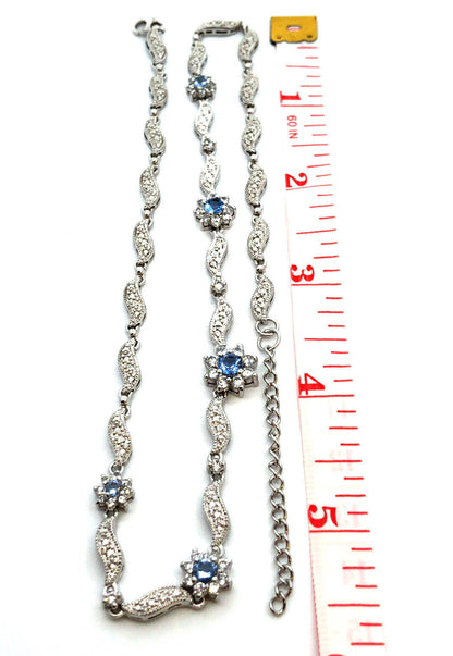 Blue and White Cubic Zirconia 925 Sterling Silver Flower Stations Necklace