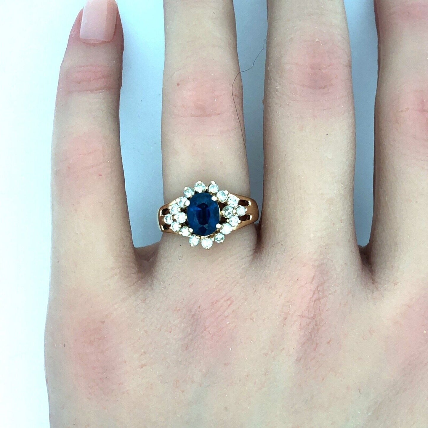 Vintage 14K Yellow Gold Oval Blue Sapphire Round Diamond Halo Anniversary Ring