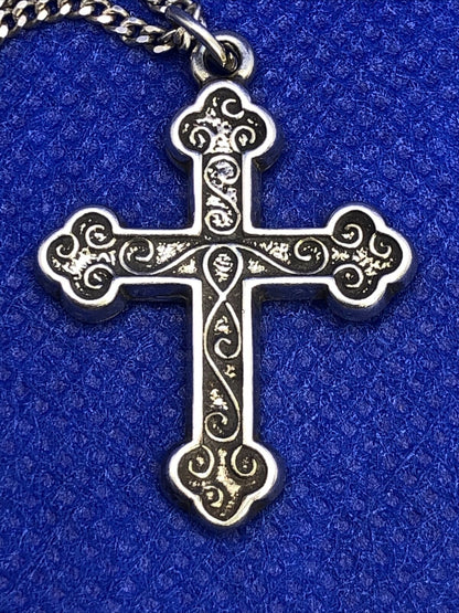 Designer P. Lux 925 Sterling Silver Scroll Detail Cross Pendant & Chain Necklace