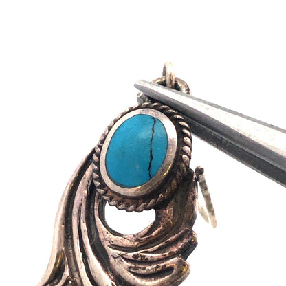 Vintage 925 Sterling Silver Turquoise Cabochon Scroll Dangle Drop Hook Earrings