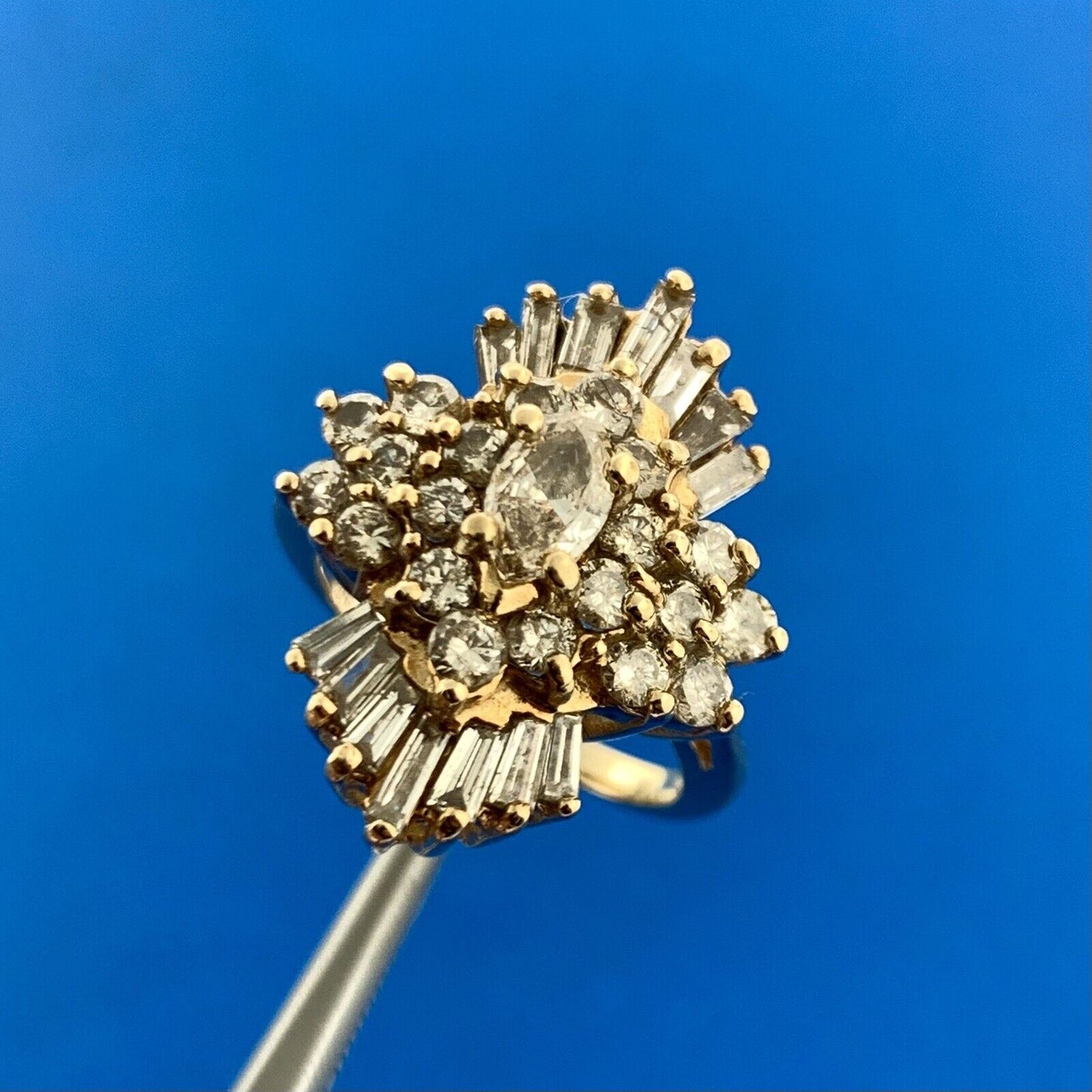 Estate 14K Yellow Gold Diamond Waterfall Cluster Statement Cocktail Ring