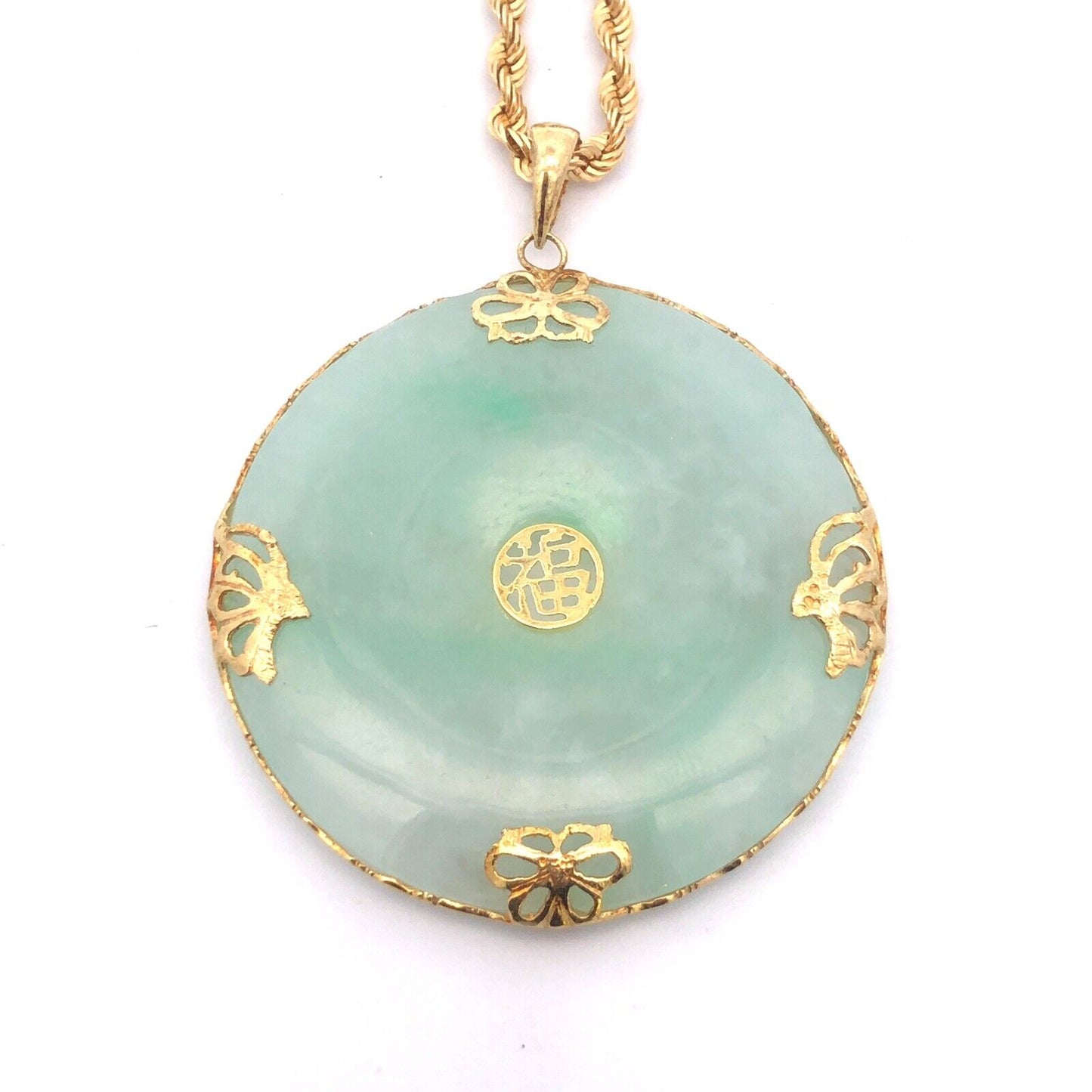 Designer 14K Yellow Gold Jade Good Luck Symbol Statement Pendant Necklace