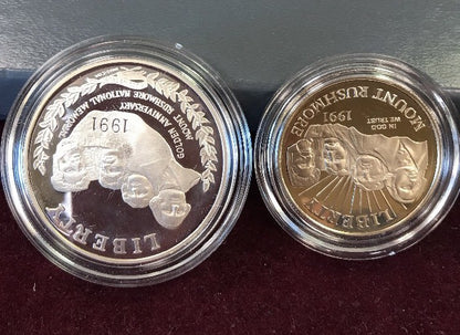 1991 S Mount Rushmore Anniversary 2 Coin 90% Silver Clad Proof Set OGP/COA