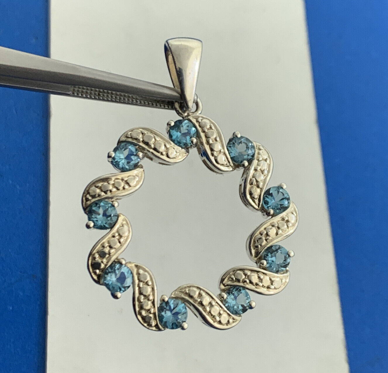 Designer 925 Sterling Silver Round Blue Topaz Circle Wreath Pendant
