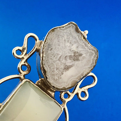 Sterling Silver 925 Banded Agate Grey Druzy Quartz Statement Dangle Earrings