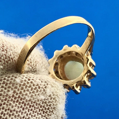 Estate 14K Yellow Gold Oval Opal Diamond Halo October Anniversary Cocktail Ring
