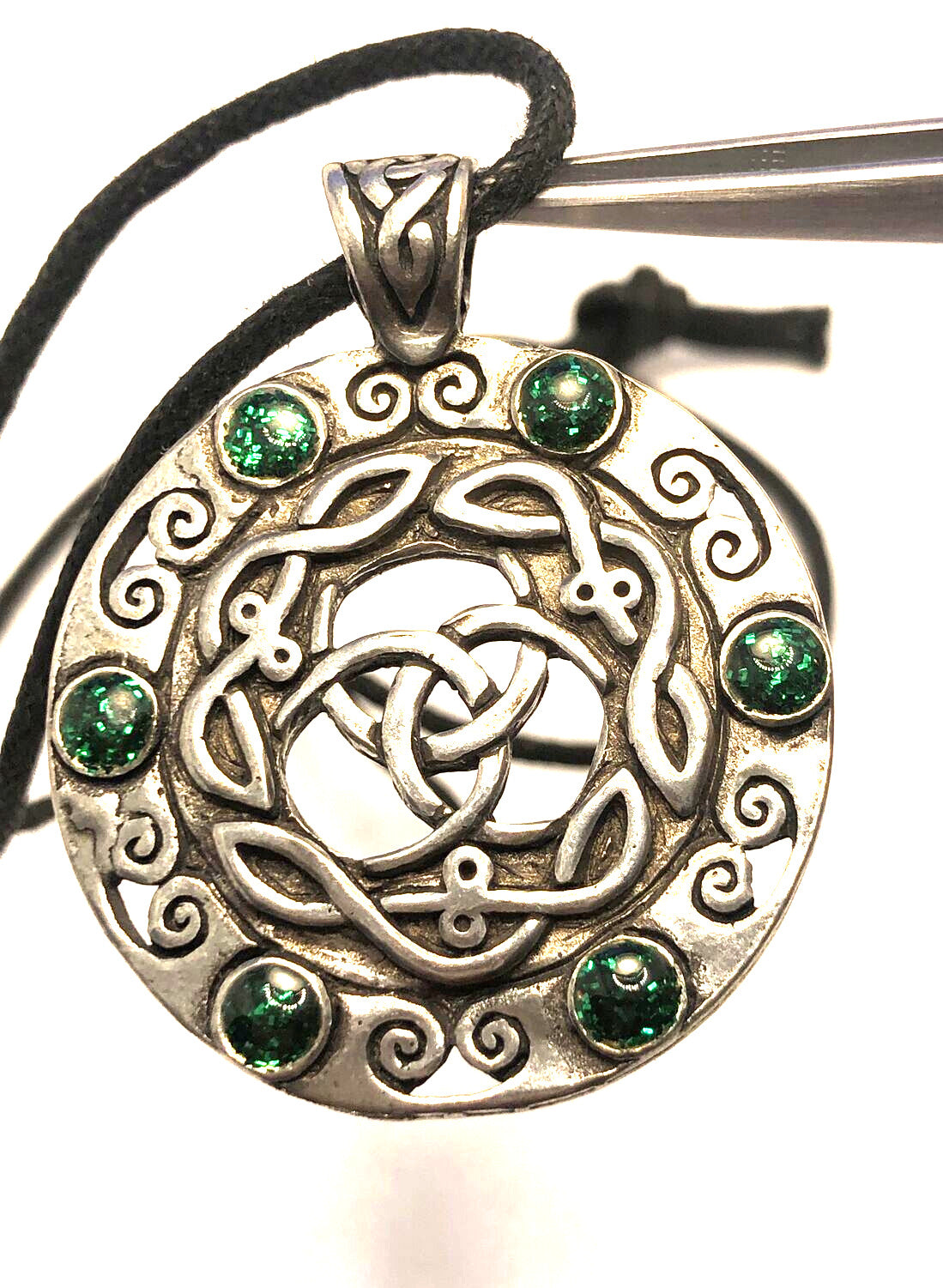 Silver Tone Celtic Knot Green Enamel Round Pendant Cord Statement Necklace