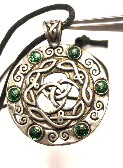 Silver Tone Celtic Knot Green Enamel Round Pendant Cord Statement Necklace