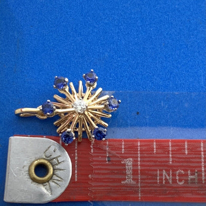 Vintage 14K Yellow Gold Blue Sapphire Diamond Pinwheel Starburst Pendant