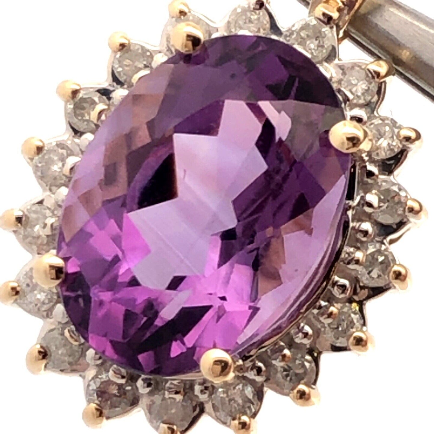 Designer 14K Yellow Gold Oval Purple Amethyst Diamond Halo Statement Pendant