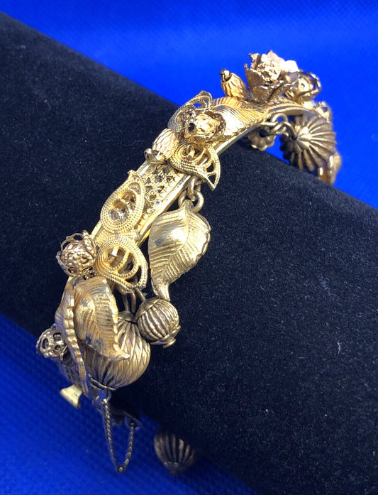 Art Nouveau Gold Tone Floral Theme Dangle Charm Hinged Cuff Bracelet